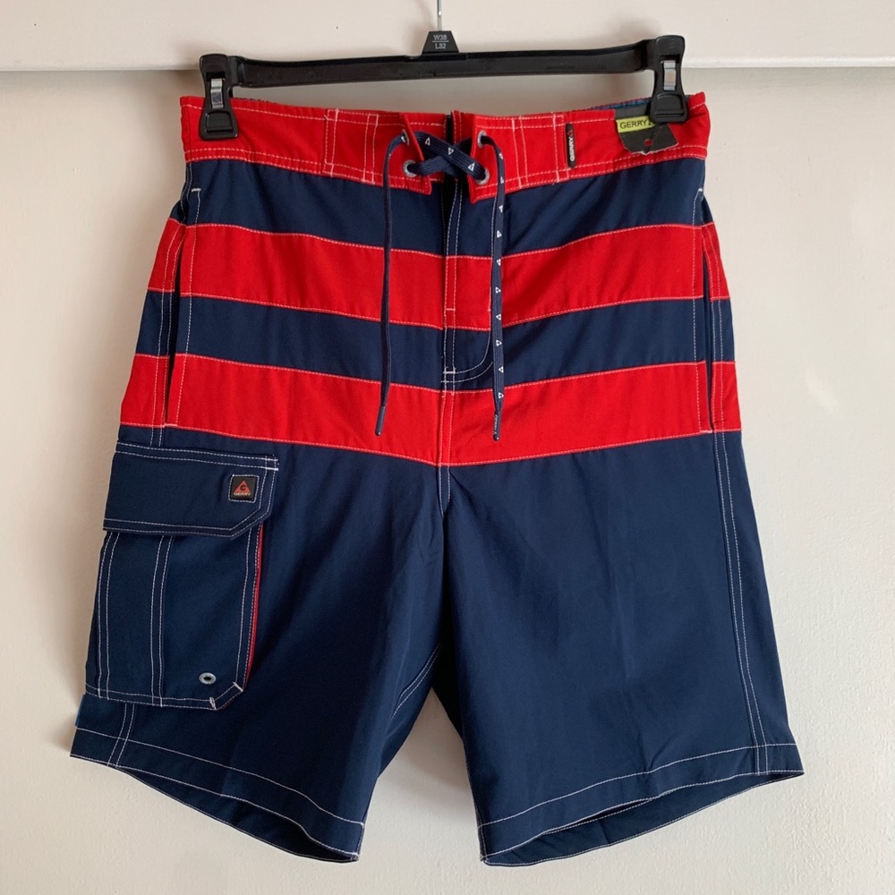 NWT Gerry navy blue and red striped swim trunks with waterproof pocket